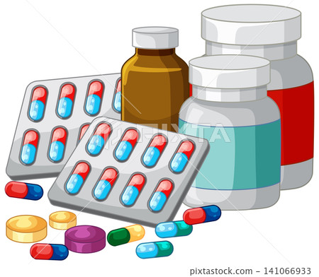 Medical Pill Bottles and Blister Packs Vector Illustration on White Background Medical Pill Bottles and Blister Packs Vector Illustration on White Background 141066933