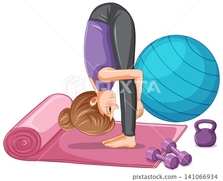 Woman Performing Standing Forward Fold Yoga Pose with Fitness Equipment Woman Performing Standing Forward Fold Yoga Pose with Fitness Equipment 141066934