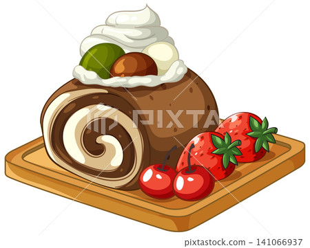 Chocolate Swiss Roll Cake with Whipped Cream and Fresh Berries Chocolate Swiss Roll Cake with Whipped Cream and Fresh Berries 141066937