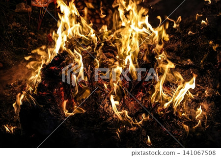 Fiery burning flames on dark black charcoal surface Fiery burning flames on dark black charcoal surface 141067508