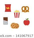 Flat snack food icon set featuring potato chips, popcorn, pretzel, chocolate bar, cookies, and apple. Colorful vector illustration isolated on white background 141067917