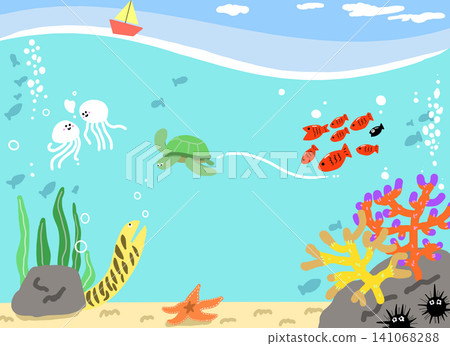 一幅熱帶魚在夏季海洋中游弋的背景插圖。 一幅熱帶魚在夏季海洋中游弋的背景插圖。 141068288