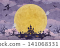 Watercolor-style Halloween background illustration featuring a full moon and a haunted house. 141068331