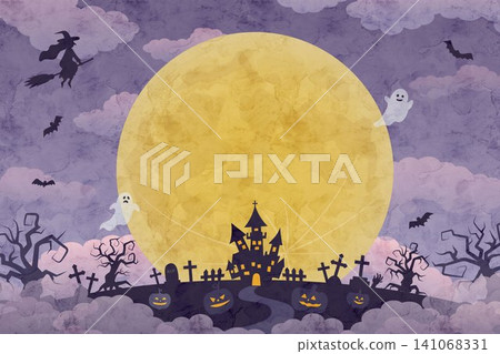 Watercolor-style Halloween background illustration featuring a full moon and a haunted house. Watercolor-style Halloween background illustration featuring a full moon and a haunted house. 141068331