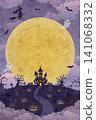 Watercolor-style Halloween background illustration featuring a full moon and a haunted house. 141068332