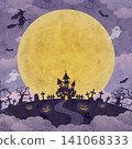 Watercolor-style Halloween background illustration featuring a full moon and a haunted house. 141068333