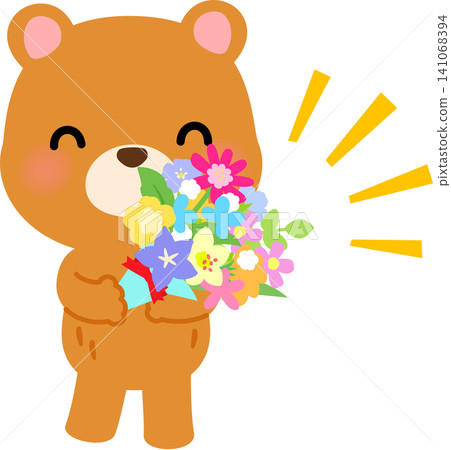 A bear character holding a bouquet of flowers A bear character holding a bouquet of flowers 141068394
