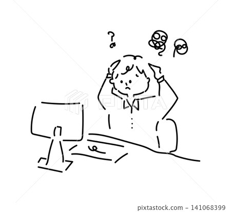 A loosely drawn line drawing of a busy businessman with his head in his hands. A loosely drawn line drawing of a busy businessman with his head in his hands. 141068399