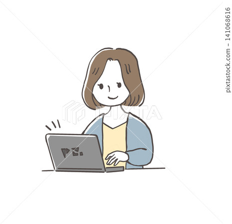 一位女性使用筆記型電腦工作的插圖（商務/在家工作）。 141068616