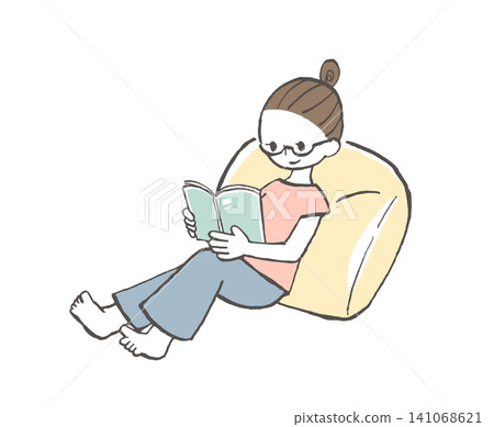 An illustration of a woman relaxing on a cushion and reading a book. An illustration of a woman relaxing on a cushion and reading a book. 141068621
