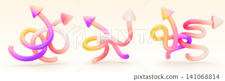 Tangled glossy 3D arrows set with vibrant gradient of yellow, pink, purple colors isolated on background. Cartoon flexible pointers, wave curve arrows pointing in different directions. 3D illustration Tangled glossy 3D arrows set with vibrant gradient of yellow, pink, purple colors isolated on background. Cartoon flexible pointers, wave curve arrows pointing in different directions. 3D illustration 141068814