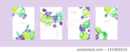 Lime and blueberry watercolor card frame template set: Summer fruit background material Lime and blueberry watercolor card frame template set: Summer fruit background material 141068819