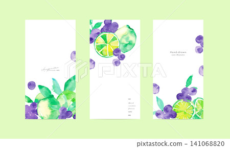 Lime and blueberry watercolor card frame template set: Summer fruit background material Lime and blueberry watercolor card frame template set: Summer fruit background material 141068820