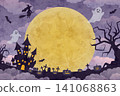 An illustration of a Halloween night scene with a large full moon shining brightly. 141068863