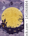 An illustration of a Halloween night scene with a large full moon shining brightly. 141068864