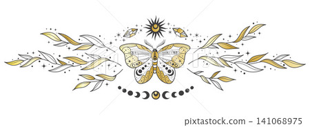 Celestial mystic moth with moon and sun symbols. Outline vector butterfly in vintage style with floral elements for witchy tattoo, tarot and esoteric decor. Celestial mystic moth with moon and sun symbols. Outline vector butterfly in vintage style with floral elements for witchy tattoo, tarot and esoteric decor. 141068975