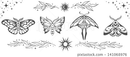 Celestial moth illustration with moon and sun symbols. Vintage outline butterfly vector with floral elements for tarot and esoteric vector decor. Celestial moth illustration with moon and sun symbols. Vintage outline butterfly vector with floral elements for tarot and esoteric vector decor. 141068976