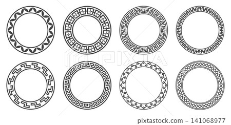 Round Greek key pattern with Roman meander ornament. Circular vector frame border in traditional retro European geometric design isolated on white background Round Greek key pattern with Roman meander ornament. Circular vector frame border in traditional retro European geometric design isolated on white background 141068977