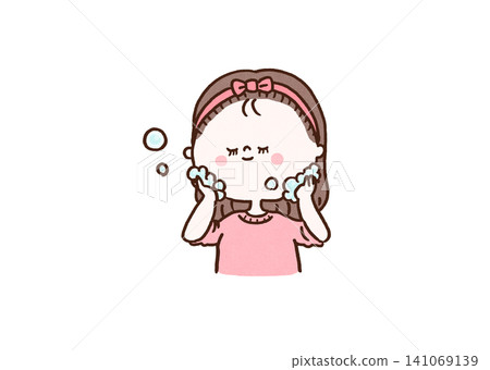 A woman carefully washing her face with fluffy foam (skincare/face washing) 141069139