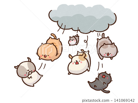 An illustration of many cats and dogs falling from a rain cloud. An illustration of many cats and dogs falling from a rain cloud. 141069142