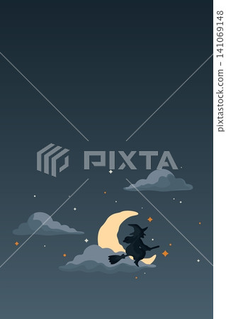 The silhouette witch flew on broomstick past the crescent moon with night sky vertical background have blank space. The silhouette witch flew on broomstick past the crescent moon with night sky vertical background have blank space. 141069148