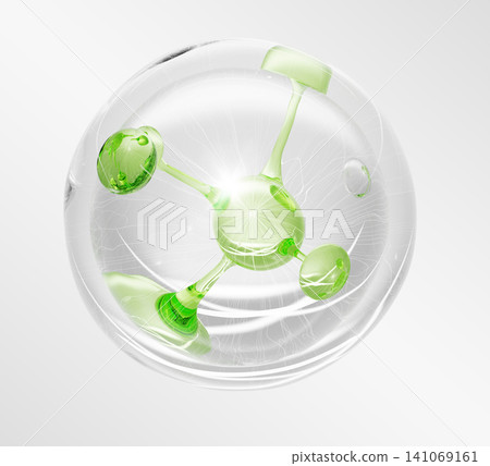 3D green molecule in transparent liquid bubble. Aloe vera gel cream drop, matcha tea moisture serum, olive oil cleanser, herbal shampoo. Natural cosmetic ball sphere for skin care. 3D illustration 3D green molecule in transparent liquid bubble. Aloe vera gel cream drop, matcha tea moisture serum, olive oil cleanser, herbal shampoo. Natural cosmetic ball sphere for skin care. 3D illustration 141069161