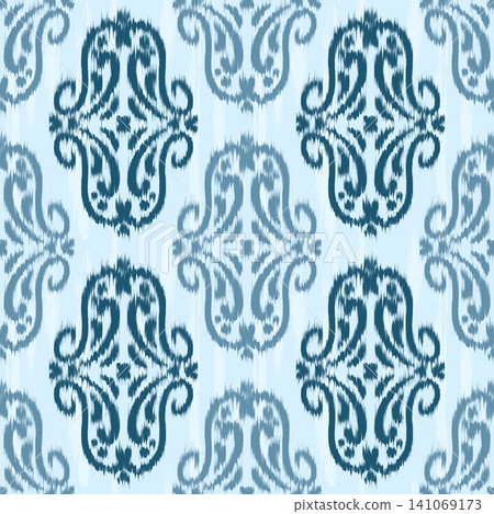 Ikat seamless pattern. Abstract ethnic vector design. Tribal blue textured vintage background. Traditional retro ornament with dye grunge effect. Ikat seamless pattern. Abstract ethnic vector design. Tribal blue textured vintage background. Traditional retro ornament with dye grunge effect. 141069173