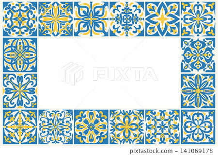 Mediterranean ceramic tiles with blue patterns and floral ornaments. Portuguese azulejo mosaic rectangle frame. Decorative traditional design. Vector illustration Mediterranean ceramic tiles with blue patterns and floral ornaments. Portuguese azulejo mosaic rectangle frame. Decorative traditional design. Vector illustration 141069178