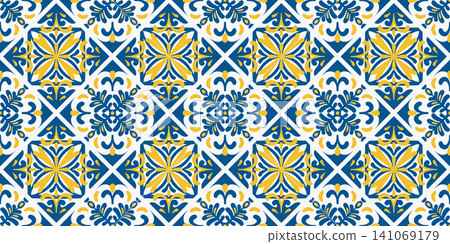 Mediterranean ceramic tile seamless pattern. Blue floral Portuguese mosaic with geometric ornament. Traditional Italian vector print with abstract vintage print. Azulejo ethnic design Mediterranean ceramic tile seamless pattern. Blue floral Portuguese mosaic with geometric ornament. Traditional Italian vector print with abstract vintage print. Azulejo ethnic design 141069179