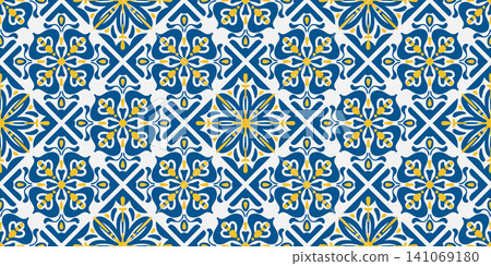 Mediterranean tile pattern with traditional Portuguese ceramic designs and blue floral mosaics. Seamless background and Spanish ornamental decor projects. Vector illustration Mediterranean tile pattern with traditional Portuguese ceramic designs and blue floral mosaics. Seamless background and Spanish ornamental decor projects. Vector illustration 141069180