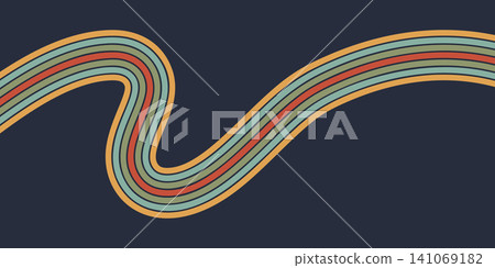 Rainbow line abstract background. 70s wavy graphic. Curved stripe bg for vintage poster design. 70s geometric shape backdrop. Rainbow line abstract background. 70s wavy graphic. Curved stripe bg for vintage poster design. 70s geometric shape backdrop. 141069182