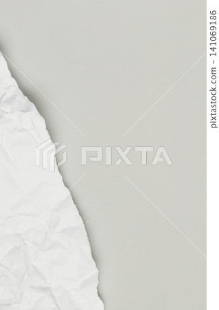 Vertical torn crumpled paper edge on light gray background. Abstract ripped piece sheet with texture creases and copy space for text. Perfect for minimalist mockup, design, or card backdrop Vertical torn crumpled paper edge on light gray background. Abstract ripped piece sheet with texture creases and copy space for text. Perfect for minimalist mockup, design, or card backdrop 141069186