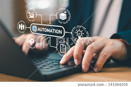 Businessperson typing on laptop with AI automation virtual dashboard. Business process optimization concept with artificial intelligence interface for software workflow Businessperson typing on laptop with AI automation virtual dashboard. Business process optimization concept with artificial intelligence interface for software workflow 141069205