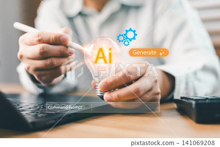 Creative professional using generative AI prompt to get ideas. Businessperson holding glowing light bulb with artificial intelligence interface for content creation Creative professional using generative AI prompt to get ideas. Businessperson holding glowing light bulb with artificial intelligence interface for content creation 141069208
