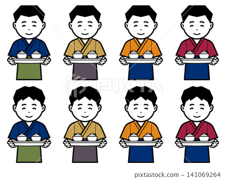 Icon of a man in a work uniform and apron carrying a soup bowl. 141069264