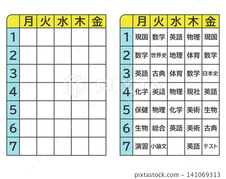 一套包含文字和不帶文字的學校課程表，涵蓋至第七堂課。 141069313