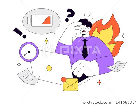Work Burnout Illustration with Employee Stress, Mental Exhaustion, Workplace Fatigue, Deadline Pressure, Low Battery Energy, and Work Life Balance 141069314
