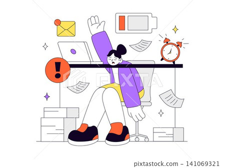 Work Burnout Illustration with Employee Stress, Mental Exhaustion, Workplace Fatigue, Deadline Pressure, Low Battery Energy, and Work Life Balance 141069321