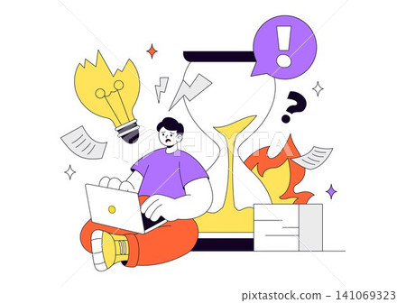 Work Burnout Illustration with Employee Stress, Mental Exhaustion, Workplace Fatigue, Deadline Pressure, Low Battery Energy, and Work Life Balance 141069323