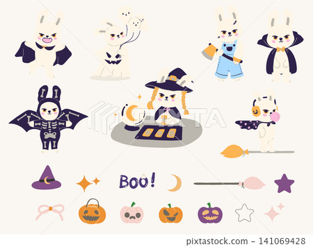 Sassy Halloween Preppy Bunny Rabbit Character and Element Flat Design Collection Set Sassy Halloween Preppy Bunny Rabbit Character and Element Flat Design Collection Set 141069428