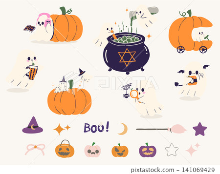 Sassy Halloween Preppy Little Ghost Character and Element Flat Design Collection Set 141069429