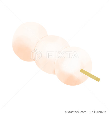 Watercolor-style illustration of a white dango (rice dumpling) on a skewer. Cute, hand-drawn Japanese confectionery cutout. Watercolor-style illustration of a white dango (rice dumpling) on a skewer. Cute, hand-drawn Japanese confectionery cutout. 141069694