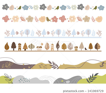 Scandinavian-style seamless border set featuring flowers, trees, and cityscapes | Flowers, Trees, Birds, Forest, Houses, Cityscape, Nature, Scandinavian Frame Scandinavian-style seamless border set featuring flowers, trees, and cityscapes | Flowers, Trees, Birds, Forest, Houses, Cityscape, Nature, Scandinavian Frame 141069729
