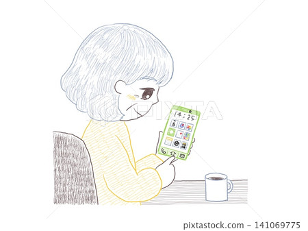 A senior woman sits in a chair, drinking coffee and using her smartphone. 141069775