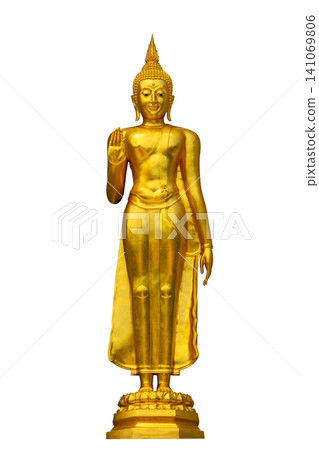 Golden Standing Buddha Statue in Abhaya Mudra Gesture PNG Transparent Background, Thai Buddhist Art Cutout, Thailand Golden Standing Buddha Statue in Abhaya Mudra Gesture PNG Transparent Background, Thai Buddhist Art Cutout, Thailand 141069806