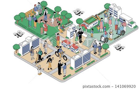 Isometric illustrations of a city and people of multiple generations: parks, offices, elderly care, AI, drones, smart cities Isometric illustrations of a city and people of multiple generations: parks, offices, elderly care, AI, drones, smart cities 141069920