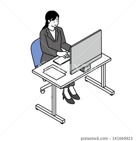 一幅插圖,描繪了一位身穿西裝的女士在辦公桌前使用電腦工作。 (等距商務插畫) 一幅插圖,描繪了一位身穿西裝的女士在辦公桌前使用電腦工作。 (等距商務插畫) 141069923