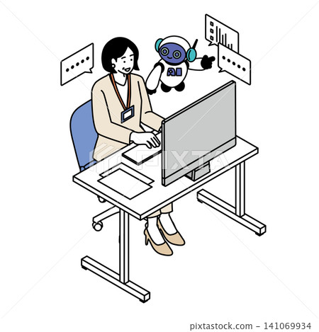 An illustration of a middle-aged woman wearing an employee ID card collaborating with an AI robot. (Isometric, Generative AI, DX, Management) An illustration of a middle-aged woman wearing an employee ID card collaborating with an AI robot. (Isometric, Generative AI, DX, Management) 141069934