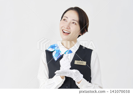 Female staff member, receptionist/bus guide, inspiration, white background Female staff member, receptionist/bus guide, inspiration, white background 141070038