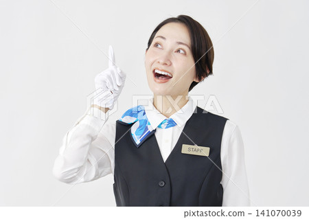 Female staff member, receptionist/bus guide, inspiration, white background Female staff member, receptionist/bus guide, inspiration, white background 141070039